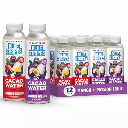 Image of Blue Stripes Cacao Water - Mango & Passion Fruit | Hydration Drink with Natural Electrolytes & Antioxidants | Cacao Juice, Fruit Juice & Water | No Sugar Added, Plant Based, Non GMO |10 floz (12 Pack)
