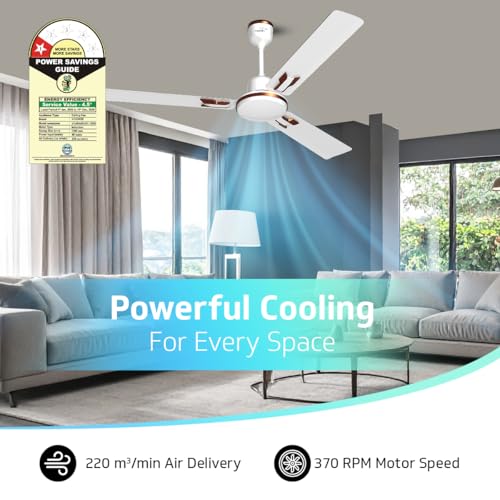 Image of V-Guard Pace Art Bz Ceiling Fan For Home | BEE 1 Star Rating | Decorative Trims | 370 RPM | 2-Year Coverage | 1200 mm (Pebble White)