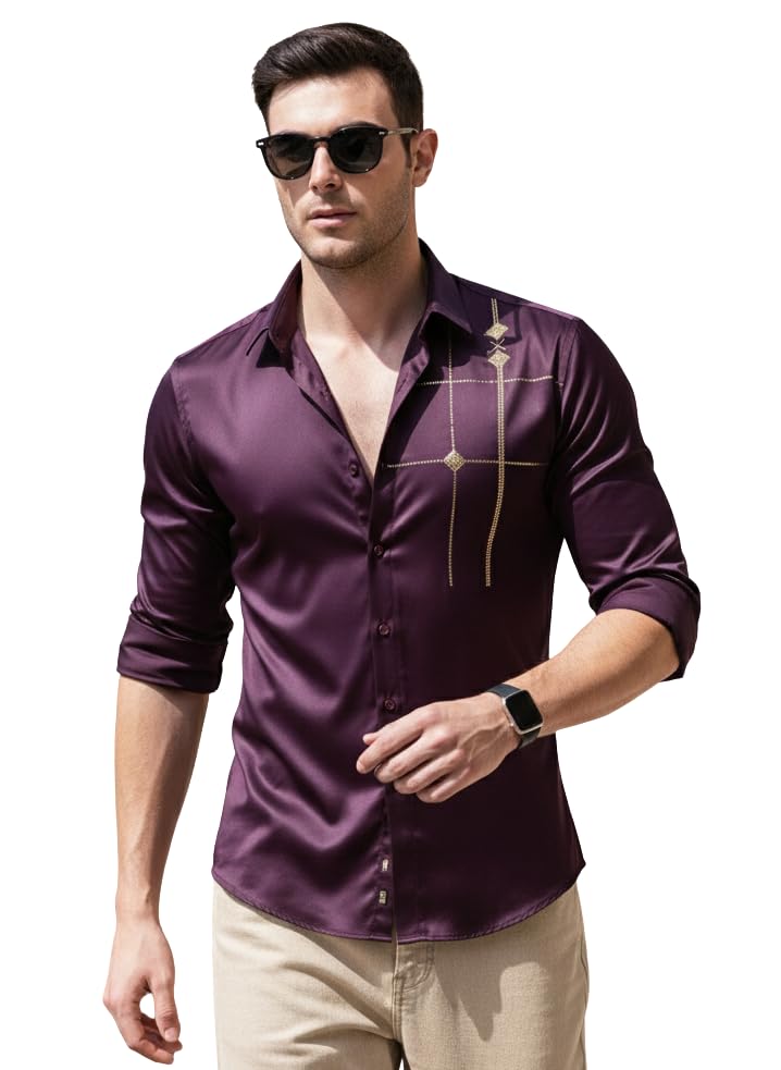 Image of IndoPrimo Men's Premium Satin Shirt for Party, Formal and Casual Wear - Stylish Designer Full Sleeve Shirt for Men