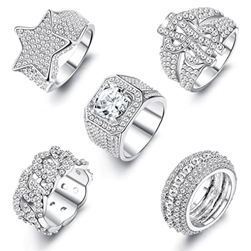 Sanfenly Iced Out Rings for Men Bling Fake Diamond Costume Pinky Rings Chunky Gold Silver 80s 90s Hip Hop Rings Star Cuban Chain Square US Dollar Sign Rapper Ring Fashion Cosplay Man Jewelry Ring Set