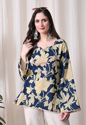 Image of MEERA FAB Women's Summer Floral Printed Cotton Short Kurta Bell Sleeves | Floral Printed Kurta | Short Kurti for Women