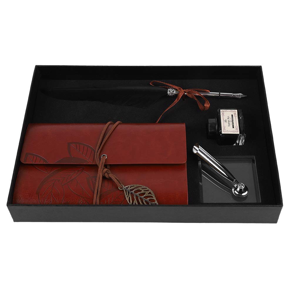 BONKZEBU Leather Journal with Feather Pen Gift Set Premium Writing Notebook Stationery Kit for Writers Calligraphy Teachers Students Brown Wooden Cover
