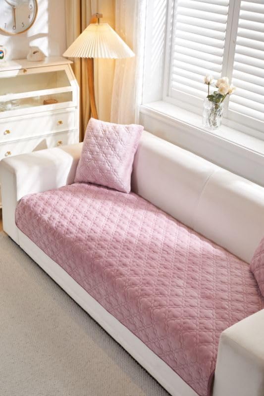 Image of HOMETHREADS Innovative Premium Velvet Sofa Cover Mat with PVC Backing for Non-Slip Comfort | (Pink Clubs, 5 Seater | 70x230cm)