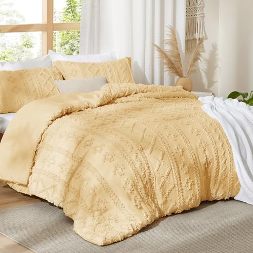 Bedsure Tufted Boho Comforter Set King Size - Yellow Boho Bed Set, GentleSoft™ 3 Pieces Farmhouse Shabby Chic Embroidery Bedding, Gifts for Woman, Soft Jacquard King Comforter for All Seasons