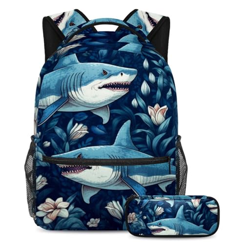 Sac à dos Blue Mystery Ocean Sharks 34 avec trousse scolaire pour grands étudiants