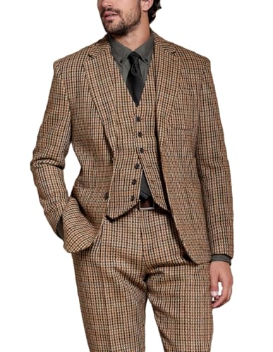 3 Pieces Men's Suit Houndstooth Slim Tuxedo Groom Wedding Suit Winter Vintage Jacket Vest Set Dogstooth Outfits