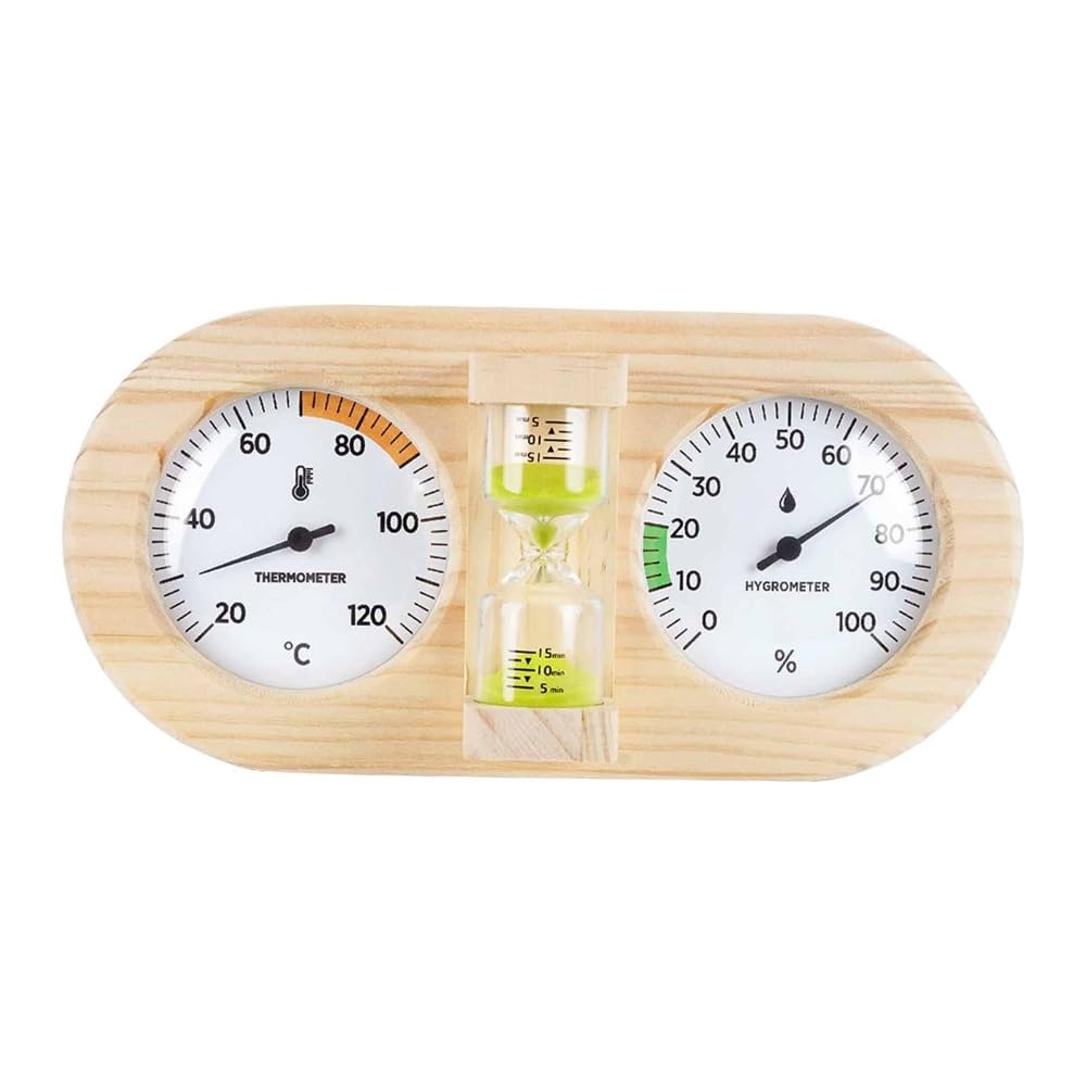 Thermometer Hygrometer mit Sanduhr-Timer & Holzrahmen, Feuchtigkeitsmesser für Sauna, Hotel, Schlafzimmer und Gewächshaus (Grün)