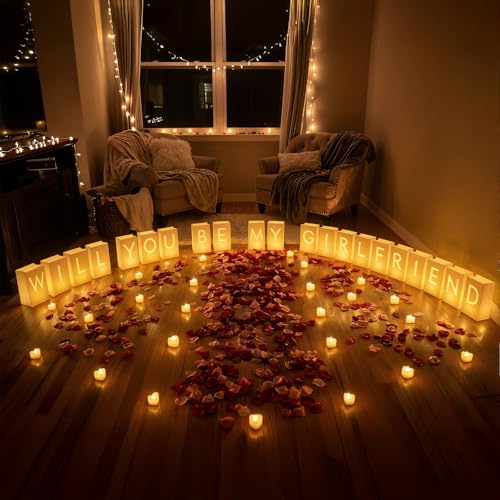 Image of Will You Be My Girlfriend Light Up Letters Luminary Bags, Banner, Romantic Decoration Kit with 30PC Bright LED Candles and 2000PC Fake Rose Petals