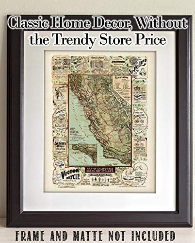 Antique California Bicycle Map Art Print - Retro Bike Map Vintage Decor, Cycling Shop Wall Decor, Bike Garage Art Poster, Gift For Cyclist And Bike Enthusiast, 11X14 Unframed Art Print Poster #TOP5