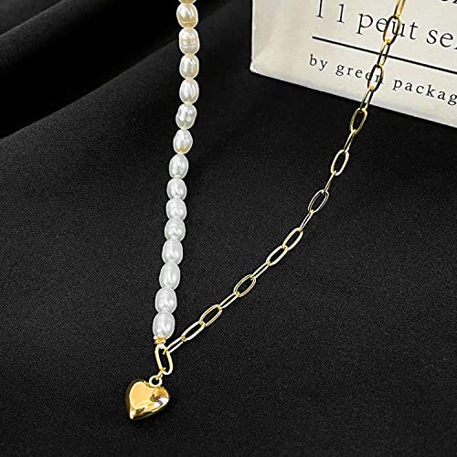 Bethynas Love Heart Necklace Pendant 14K Gold Plated Paper Clip Chain Baroque Freshwater Pearl Chain Vintage Punk Figaro Charm Valentine Gift Women Jewelry #TOP7