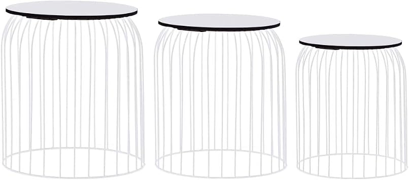 3-Piece White Coffee Table Set with Storage - Round Nesting Tables for Small Spaces, Metal & MDF Living Room Furniture, Vintage Industrial Side/End Tables