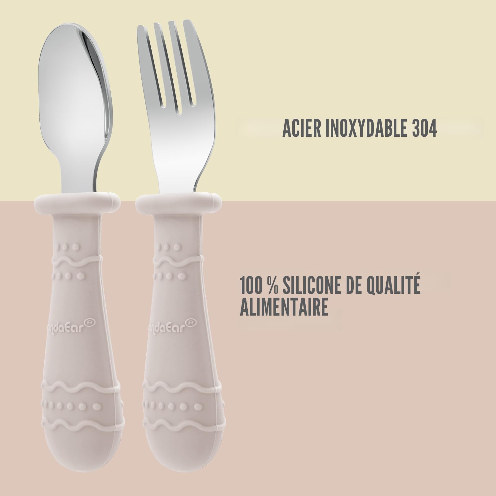 PandaEar Ensemble de Couverts pour Bébé, Lot de 6 Cuillères et Fourchettes pour Enfants, Acier Inoxydable 18/8 et Silicone de Qualité Alimentaire, Ensemble de Couverts pour Enfants (Marron/Noyer/Bleu)