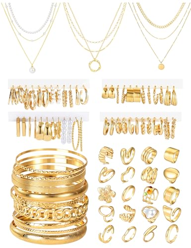 Image of 83 Pcs Gold Jewelry Set for Women Fashion Multi Layered Necklaces Stackable Bangle Bracelets Knuckle Rings Hoop Earrings Gold Plated Jewelry Accessories