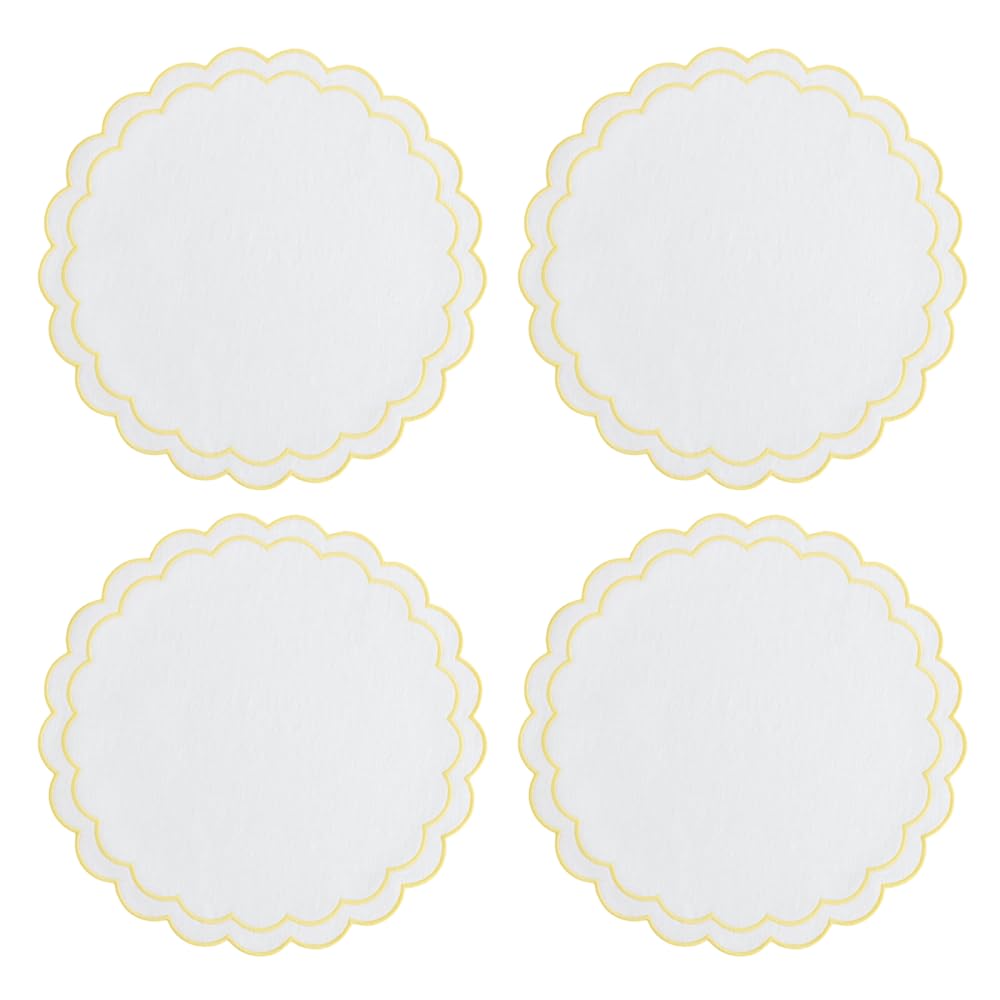 Linen Placemats, 4PCS Round Place Mats with Scalloped Edge Embroidery Table Mats for Home Kitchen Dinning Decor