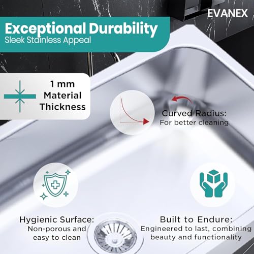 Image of EVANEX Kitchen Sink 18x16x8 Inch Hydraulic Sink Single Bowl 304 Stainless Steel Sinks for Kitchen Basin | Glossy Finish Indian Kitchen Sink Including Coupling, Waste Pipe | Kitchen Sinks