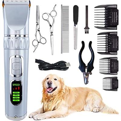 TigTiycH Dog Clippers, Dog Grooming Clippers, 3-Speed, Cordless, Rechargeable, Low Noise Grooming Kit for Dog Cat and Other Pets Silver