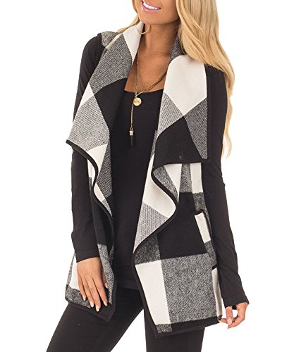 Wollsolo Womens Lapel Open Front Sleeveless Plaid Vest Cardigan With Pockets,05-white and Black,Small