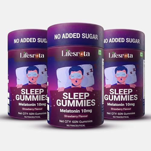 Lifesrota 10 mg Melatonin Gummies to Sleep With Jatamansi, Tagar, Chamomile, Ashwagandha | Sleep Support for Men and Women | Gummy for Deep Sleep | Deep Sleep Supplements | 60 Veg Sugar Free & Non-Habbit Forming Melatonin - Strawberry Flavour (60 Gummies (Pack of 3), Strawberry)