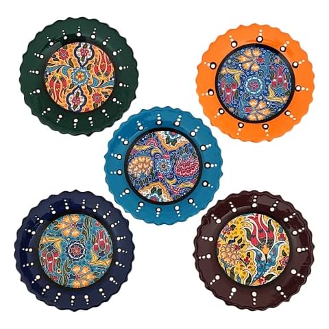 Ayennur Turkish Decorative Plates Set of 5-5.11"(13cm) Multicolor Handmade Ceramic Ornament for Home&Office Wall Decors Cover