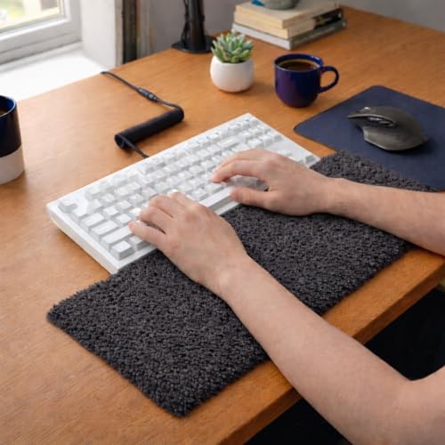 Image of Soft Plush Keyboard Carpet Wrist Rest Pad - Fluffy Ergonomic Wrist Support & Desk Nap Pillow for Computer, Laptop, Office Work & Gaming - Fuzzy Shag Desk Rug Cushion (45 x 15 cm) - Dark Grey