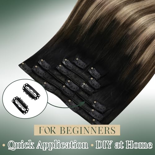 Image of Ugeat Balayage Clip in Hair Extensions 16 Inch 7pcs 120g | Human Clip in Hair Extensions , for Beginners , Natural Black Balayage Chocolate Brown