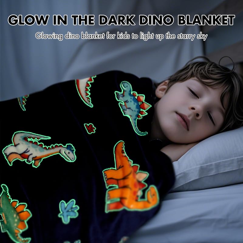 Glow in The Dark Dinosaur Blanket, Dinosaur Gifts Toys for Boys Kids, Best Christmas Birthday Valentine's Day Easter Presents for Kids Age 1-12 Year Old, Child Toddler Teen Soft Cozy Throw 50