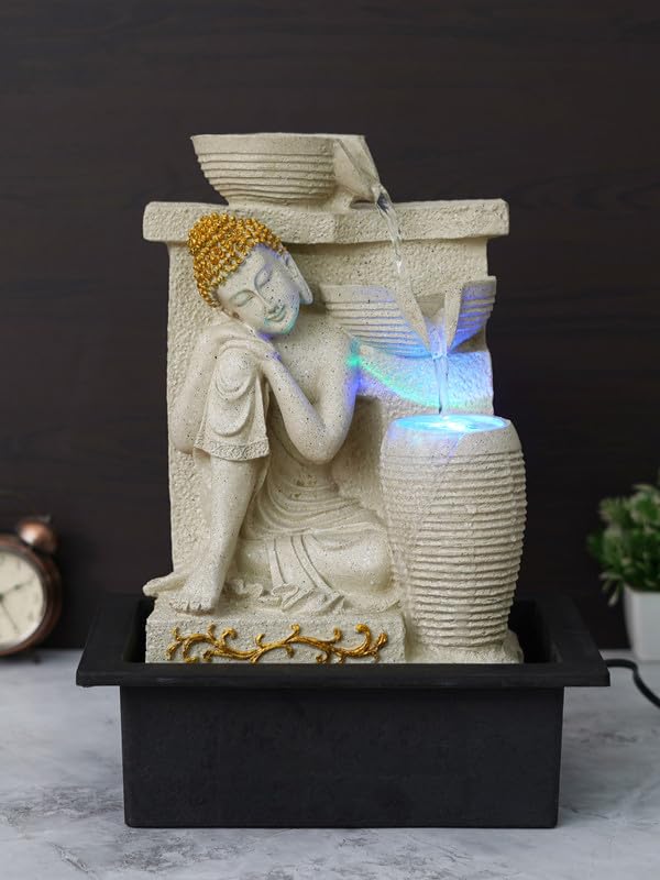 Image of Polyresin Cream Elegant Buddha Sitting in Rest Position Tabletop Indoor Waterfall Fountain for Home Decor with LED Light Water Flow Control Pump (Size: 39 x 22 x 29.5CM | Wt: 2200Gram)