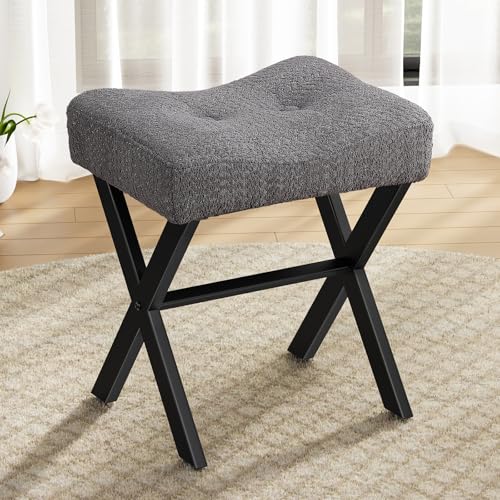 Image of Memobarco 18-Inch Vanity Stool Chair, Vanity Bench with Metal X-Legs, Ottoman Accent Stool with Breathable and Soft Boucle Fabric Saddle Seat, Grey