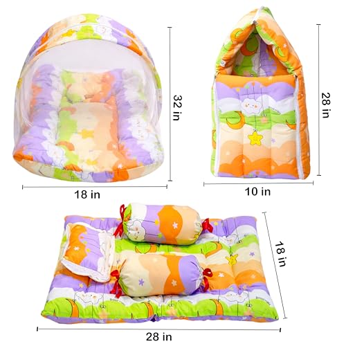 Image of Fareto Combo of Baby Bed with Net | Carry Bag | 4 Pcs Bedding Set (0-6 Months, Baby Size, Cotton) (Orange NEW Star)