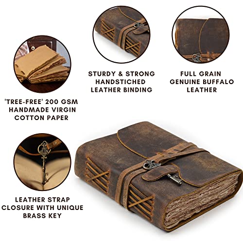 LEATHER VILLAGE Vintage Leather Journal – 200 Handmade Vintage Deckle Edge Paper – Leather bound Journal For Women Men – Vintage Key Closure - Book of Shadows - Cappuccuno Brown - 6X4 inches (A6) - Image 4