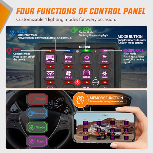 Image of Nilight 12 Gang Switch Panel APP RGB 12V 24V Circuit Control System 4-Mode | Fuse Wiring Harness APP Remote Control Automatic Dimmable Toggle /Momentary /Strobe /Flash for Car Pickup Truck Camper SUV