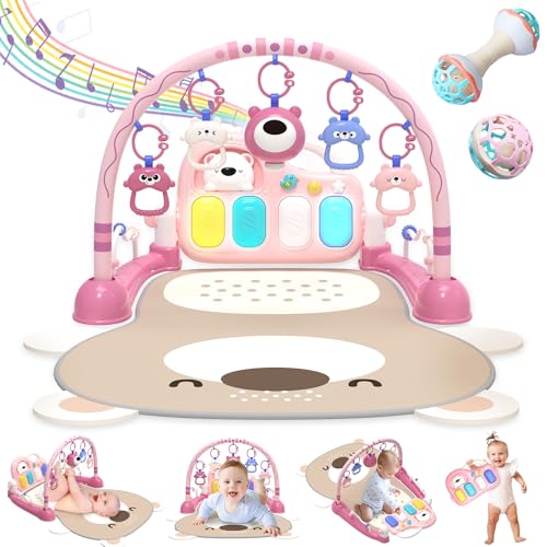 Image of ESOLOM Tummy Time Play Mat, Baby Play Mat for Baby Girl Gifts, Kick and Play Piano Gym with 7 Infant Sensory Baby Toys 0-6 Months, Baby Activity Center Newborn Toys for Baby 0-6-12 Months, Red