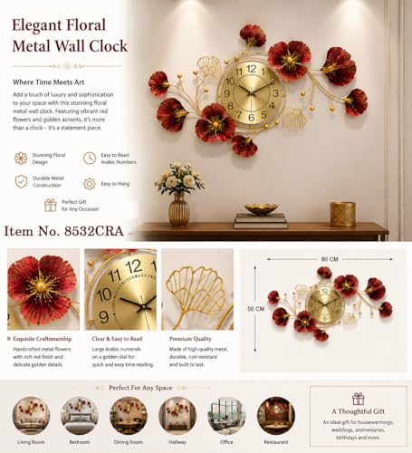 Image of MK Craft and Decor Large Metal Wall Clock for Home Decor | New Floral Design Decorative Wall Clock | Premium Metal Wall Art | Red & Gold Finish
