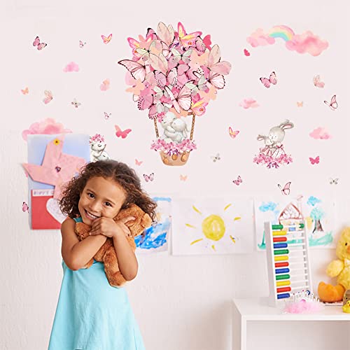 SUPERDANT Pink Bunny Wall Stickers Butterflies Hot Air Balloon Decal Girls Bedroom Stickers Decor Nursery Playroom Vinyl Waterproof Wall Decoration for Girls Bedroom Classroom - Image 3