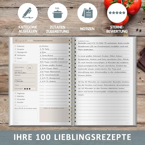 BIROYAL Rezeptbuch zum Selberschreiben A5, Spiralbindung Kochbuch Selbst Schreiben, Rezeptbuch für 100 Lieblingsrezepte, Kochbuch zum Selberschreiben, Recipe Book Schreiben, Rezepte Buch zum Ausfüllen