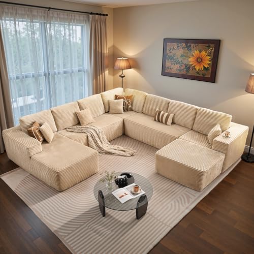 Image of ovios Sectional Cloud Couch for Living Room, Modular Floor Sofa with Plush Corduroy, No Assembly Required, Big Comfy Couches Set with Fluffy Memory Foam, Stupendous U Shaped Sofas with Chaise, Beige