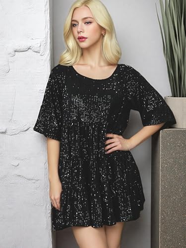 Image of MAYSTEPPE Sparkly Glitter Dress, Sequin Babydoll Summer Dress Short Flowy Tiered Tunic Dress for Women Party Club Night