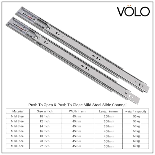 Image of Volo Heavy Duty Drawer Slides, Full Extension Ball Bearing Runners | Pack of 2 Piece | Channels for Kitchen Cabinets, Wardrobes, and Dressers (Push to Open, 18 Inch)