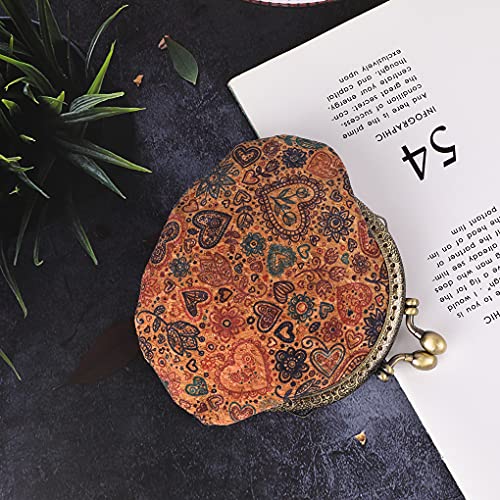 Oyachic Floral Buckle Coin Purses Vintage Pouch Kiss-Lock Change Purse Wallets Pu Wood Grain Key Holder Coin Bag Make Up Bag (Heart) #TOP6