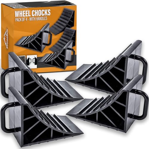 Xtremeauto Wheel Chocks with Handles Tyre Saver Brake Stoppers Ridged Wedges for Cars Caravans Horseboxes Trailers & Motorhomes (4 Pack)