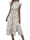 Milumia Women's Ditsy Floral Tie Neck Ruffle Hem Smocked Cap Sleeve Flowy Midi Dress Multi White Large