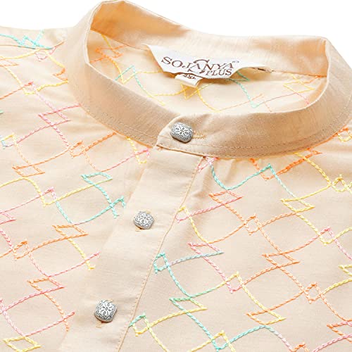 Sojanya Plus (Since1958) Men's Silk Blend NavyBlue Kurta with Multi Color embroidery & White Pyjama4