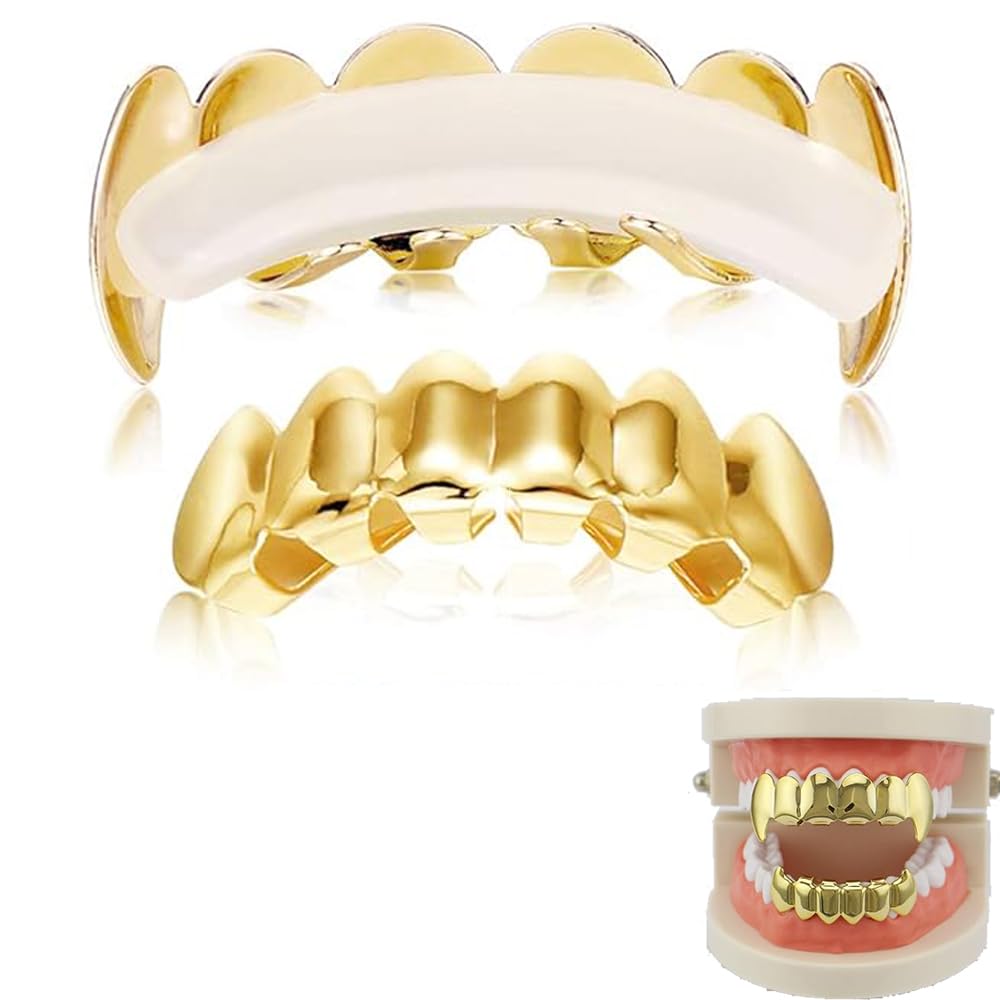 SSyang Hip Hop Teeth Grills for Mouth Braces Decoration with 2 Silicone Moldings Hip Hop Teeth Grills for Mouth Top Bottom Music Festival Party Hip Hop Rapper Decorations Fangs(Gold) - Image 3