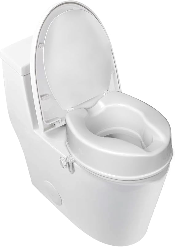 4 Inch Raised Toilet Seat With Lid For Seniors, Toilet Seat Riser For Elderly, Elevated Toilet Seat For Round & Elongated Toilets, Stable Handicap Toilet Riser With Adjustable Locking Clamps