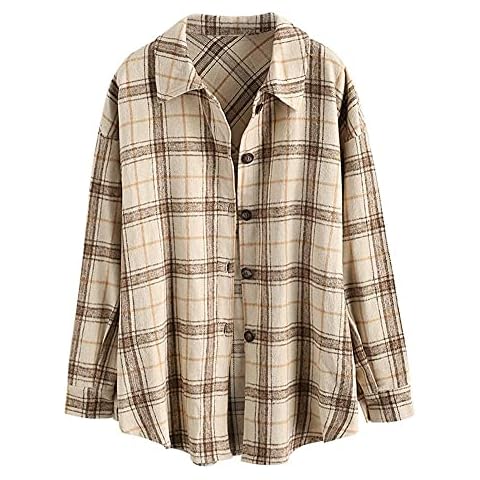 ZAFUL Women's Plaid Long Sleeve Shirt Button Down Wool Blend Thin Jacket Casual Blouse Tops with Pocket Coffee Cover