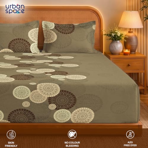 Image of Urban Space Serene 300TC 100% Cotton Bedsheet for Double Bed, Panel Design Bedsheet, Printed Queen Size Bed Sheet with 2 Pillow Covers (90 x 100 Inches, Moonstone Moss Brown)