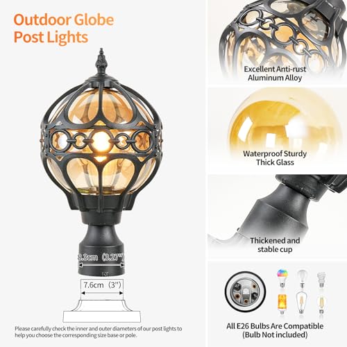 Image of Black Outdoor Globe Post Lights, Exterior Waterproof Rustproof Sphere Outside Post Lamps Fixture, Farmhouse Aluminum Pillar Lantern for Porch House Pathway Fence Yard Garden Patio, No Sensor