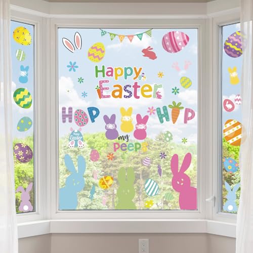 88Pcs Happy Easter Window Clings Colorful Bunny Easter Eggs Window Stickers Double-Sided Resuable Static Stickers Decals for Spring Summer Home Office School Decoration Party Supplies 9 Sheets