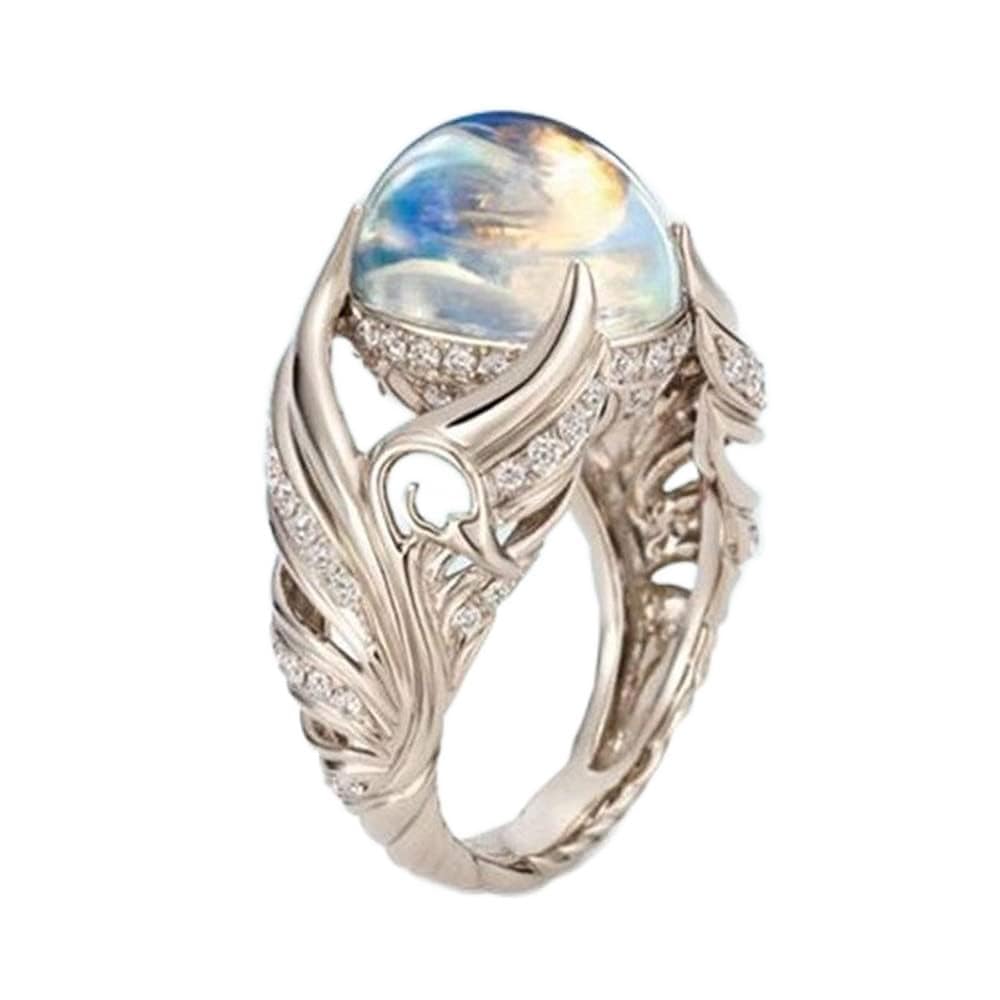HaoMo Spiritual Gorgeous 925 Sterling Silver Ring Angel Wings Wedding Band Charming Moonstone Diamond Jewelry Casual Accessory Engagement Rings HM002 6