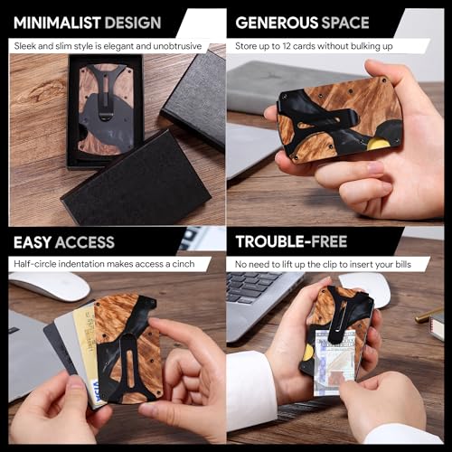 Image of Wallet for Men, Minimalist Slim RFID Blocking Resin Wood Credit Card Holder with Money Clip, Easily Removable Cash&Card Metal Wallet,Resin River,Natuarl Walnut Wood,Unique Pattern,Gift for Men